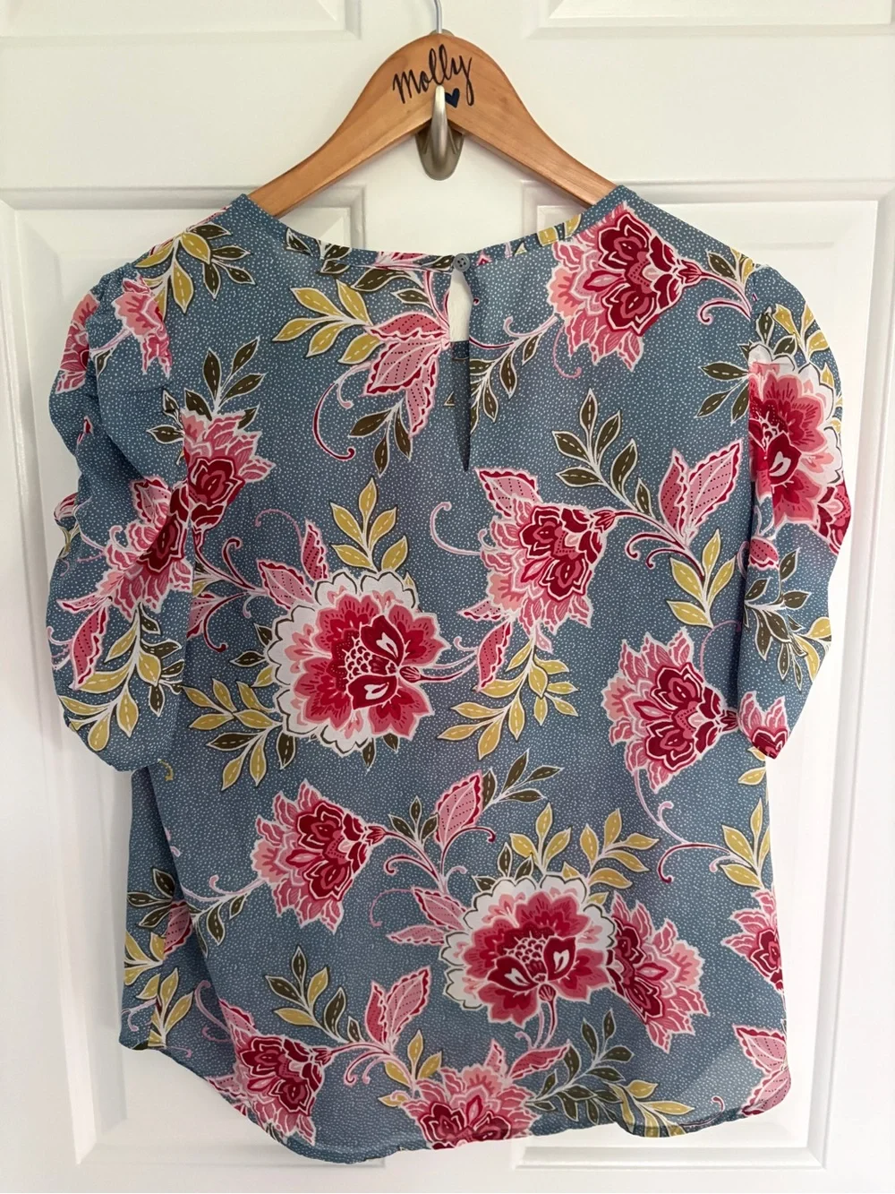 LOFT XS Blue Floral Puff-Sleeve Blouse with Pink Blooms